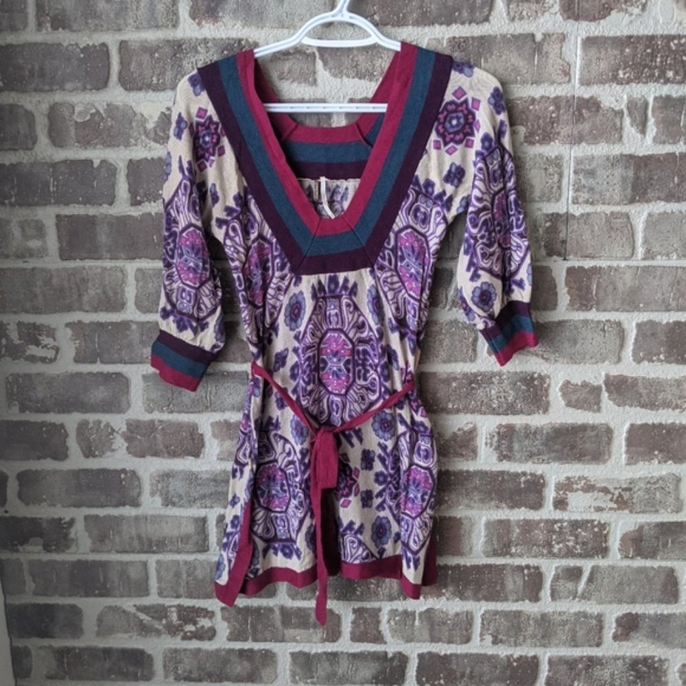 FREE PEOPLE TUNIC / SQUARE NECK /PURPLE PINK AND TEAL WITH SASH / SIZE XS